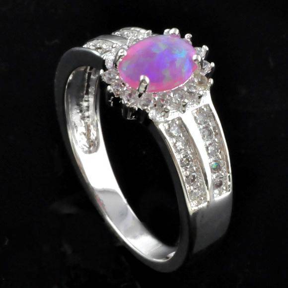 ***NATURAL GEMSTONES!!!***STUNNING NATURAL PINK FIRE OPAL & DIAMOND STERLING SILVER RING!!!