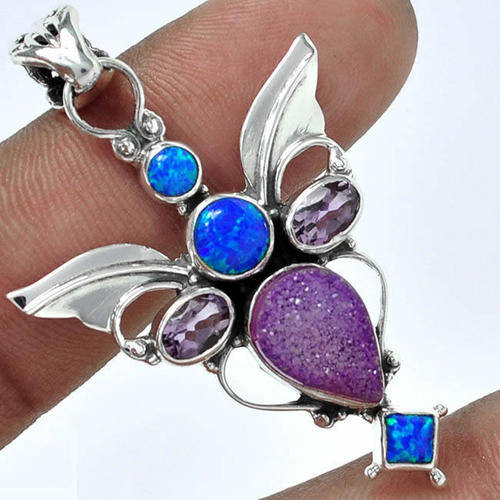 ***DESIGNER SACRED ANGEL WINGS ITEM!!*** DRUZY AGATE AND OPAL SOLID STERLING SILVER PENDANT!!