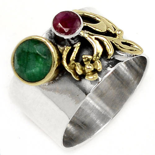 ***WOAW!!!*** GORGEOUS EMERALD AND RUBY IN SOLID STERLING SILVER RING!!!