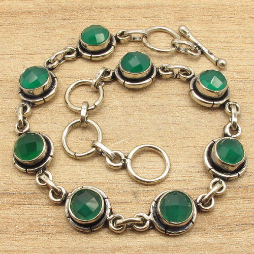 ***IMPORTED FROM INDIA*** NATURAL GREEN ONYX STERLING SILVER TOGGLE BRACELET!!