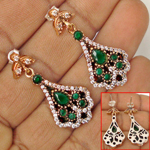 ***EXQUISITE TURKISH STYLE RANGE!!*** NATURAL EMERALDS IN SOLID STERLING SILVER EARRINGS!!