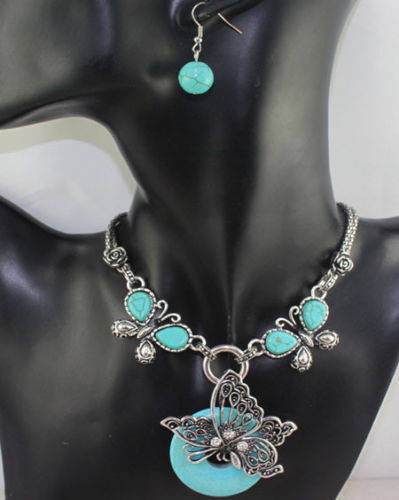 ***FAIRYTALE COLLECTION*** CLASSIC NATURAL TURQUOISE IN TIBETAN SILVER NECKLACE AND EARRINGS SET!