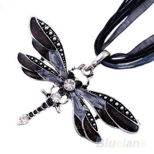 ***FAIRYTALE COLLECTION!***GORGEOUS RHINESTONE DRAGONFLY PENDANT WITH CORD AND RIBBON NECKLACE!