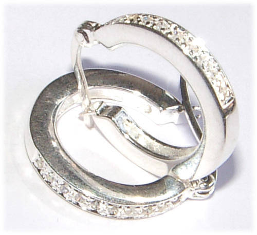 FANCY STERLING SILVER HOOP EARRINGS WITH DIAMONDS - FINE QUALITY!