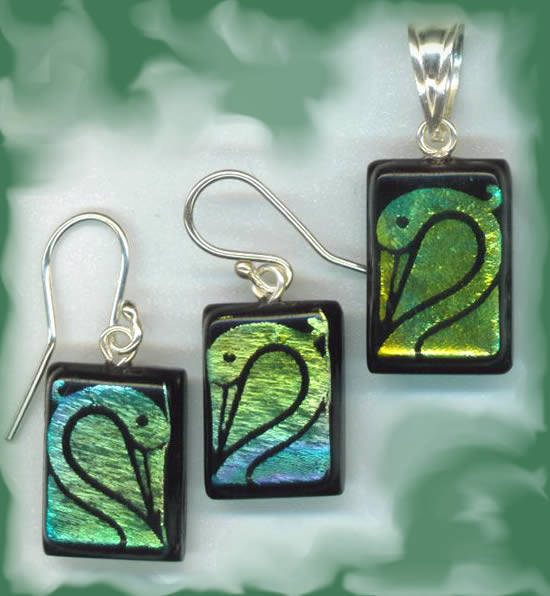 UNIQUE DICHROIC FUSED GLASS JEWELLERY -  SQUARE PENDANT AND EARRING SET!