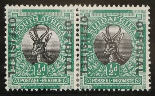 SACC 8b: Off of S.A.1929. ½d green and bl. pr. Overpr. read down. Stop after `Offisieel` Afr. stamp.