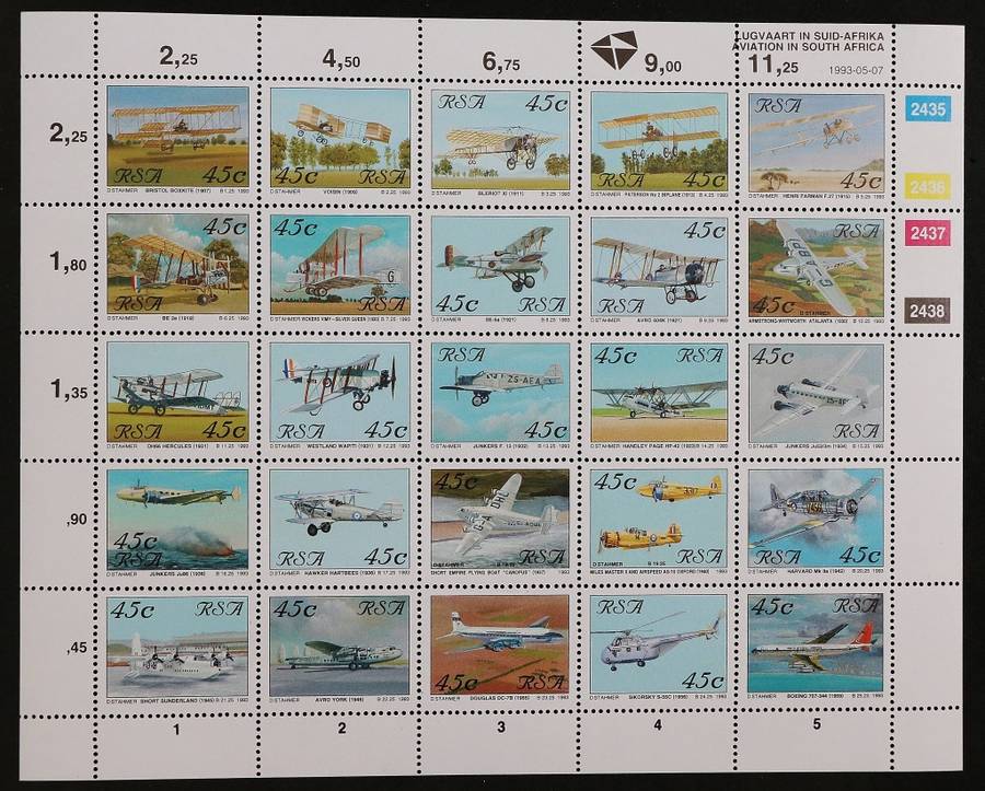 SACC 822: 1993. Aviation in S.A. Sheetlet of 25 diff. 45c stamps of planes. MNH