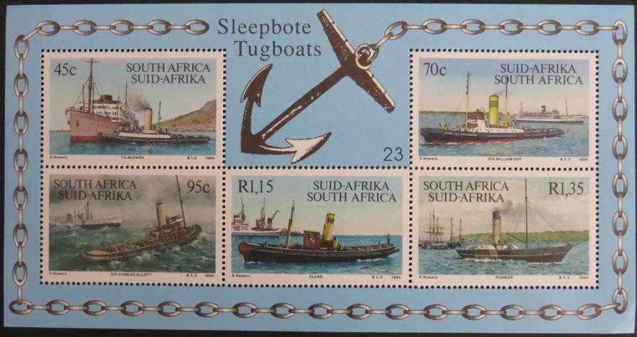 SACC 871:  1994.  S.A.Tugboats. Miniature Sheet No. 23.  5 stamps, diff. boats MNH.