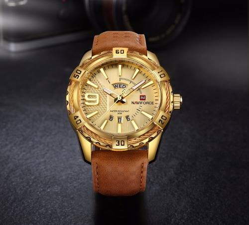**LOWEST SHIPPING** NAVIFORCE 9117 GENUINE LEATHER WATCH - GOLD