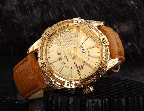 **LOWEST SHIPPING** NAVIFORCE 9117 GENUINE LEATHER WATCH - GOLD
