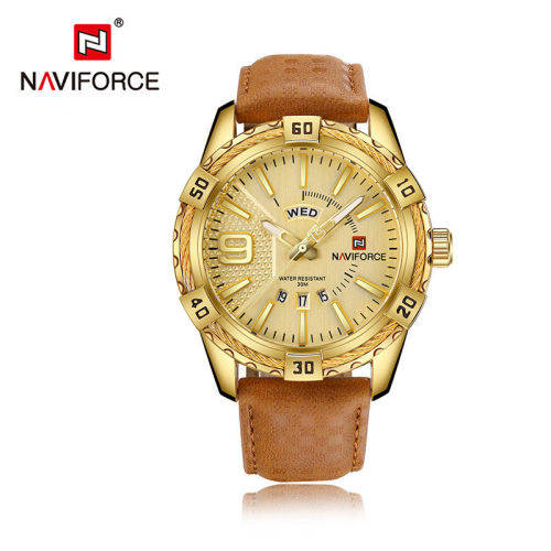 **LOWEST SHIPPING** NAVIFORCE 9117 GENUINE LEATHER WATCH - GOLD