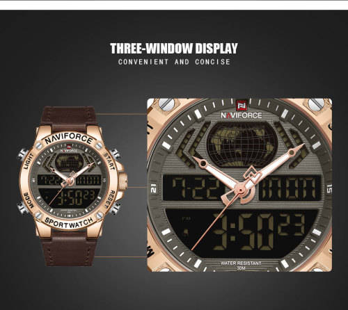 NAVIFORCE MENS DIGITAL CHRONOGRAPH GENUINE LEATHER BROWN WATCH