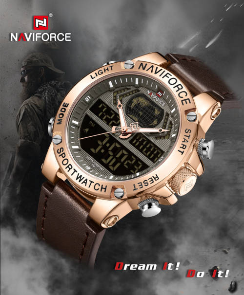 NAVIFORCE MENS DIGITAL CHRONOGRAPH GENUINE LEATHER BROWN WATCH