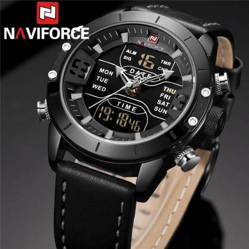 NAVIFORCE MENS GENUINE LEATHER DIGITAL/ANALOG WATCH - BLACK