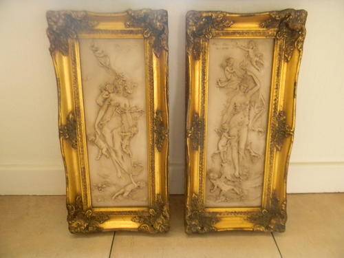 Stunning Pair of 1892 French Gold Gilt Framed Resin Sculptures of Woman & Angels - Signed