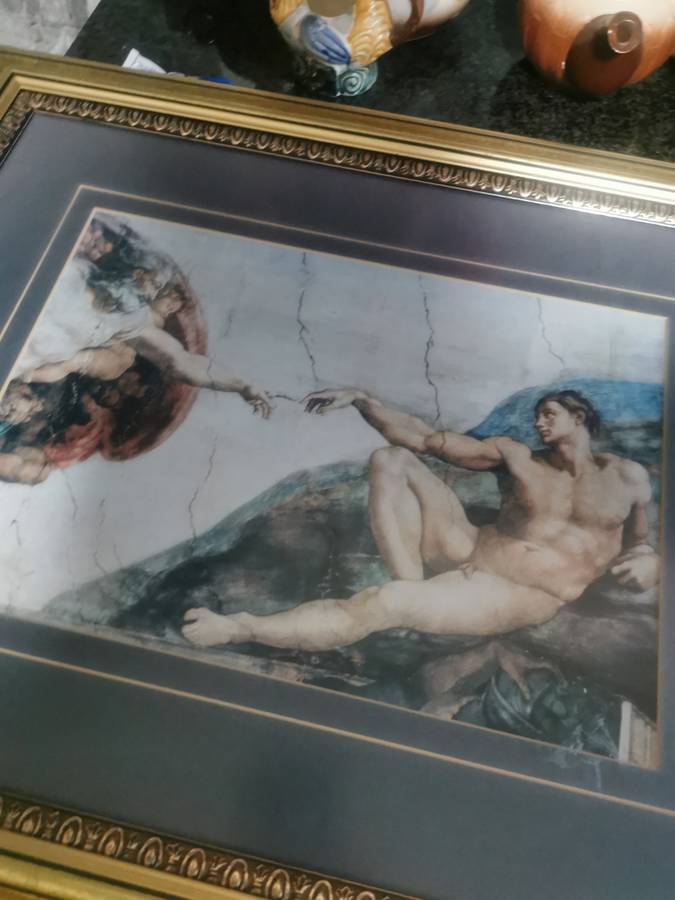 FRAMED MICHELANGELO PRINT CREATION OF ADAM WITH GLASS