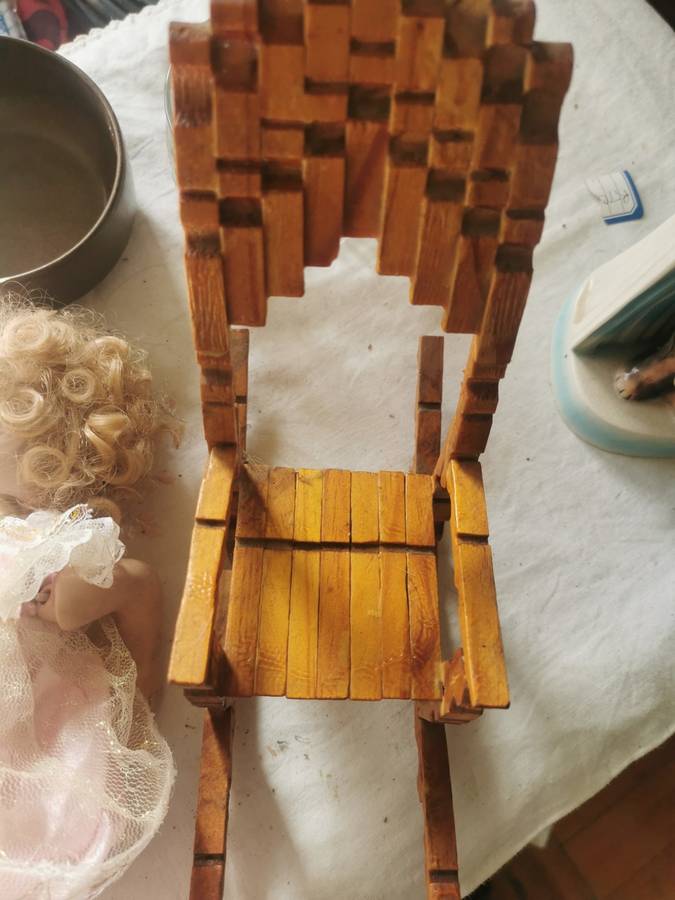 VINTAGE SMALL PORCELAIN DOLL ON ANTIQUE CHAIR
