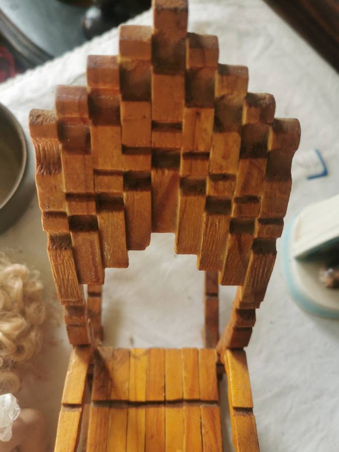 VINTAGE SMALL PORCELAIN DOLL ON ANTIQUE CHAIR
