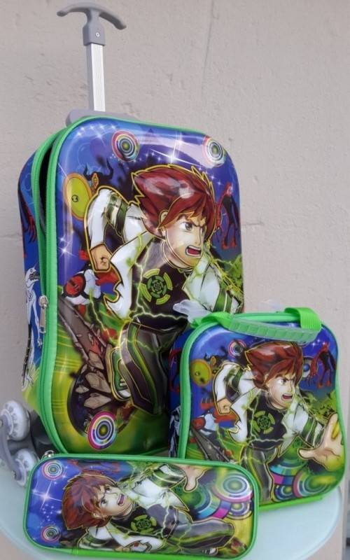 Boys 3Pcs -3D Character On Board School Trolley Bag on Wheels. Includes Lunch Bag & Pencil Case