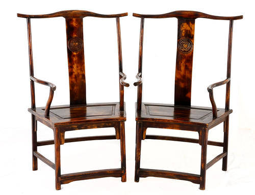 A PAIR OF CHINESE ELM AND BLACK LAQUERED ARMCHAIRS, 20TH CENTURY
