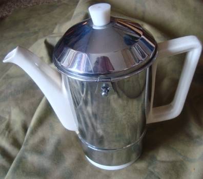 Art Deco Coffee pot 1940's. Chrome and pottery. Perfect condition..