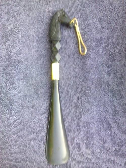 Vintage shoe horn with handle shaped like a horse's head, original box