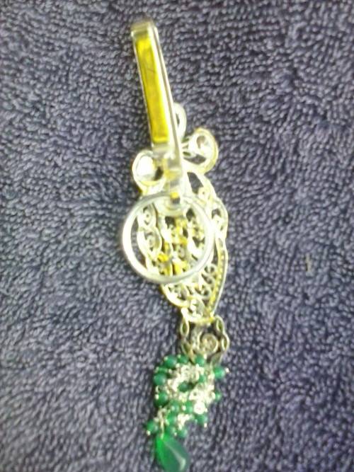 Silver coloured metal keyring with green beads, new in box - never used, 13.5cm long