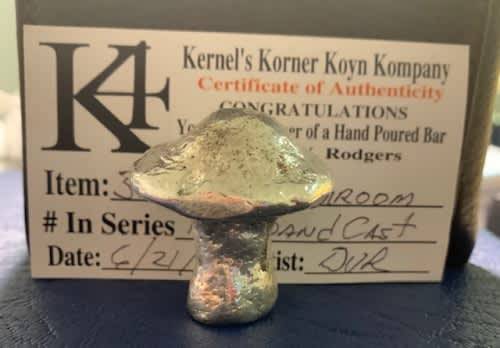 3.84 oz hand poured .999 pure silver MAGIC MUSHROOM custom made in the USA with COA. Unique piece.