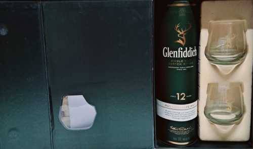 GLENFIDDICH 12 YEAR`S BOXED INCLUDES 2GLASSES NO BOTTLE FOR BAR /MANCAVE DISPLAY PIECE.