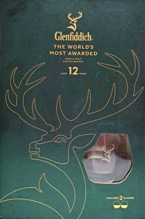 GLENFIDDICH 12 YEAR`S BOXED INCLUDES 2GLASSES NO BOTTLE FOR BAR /MANCAVE DISPLAY PIECE.
