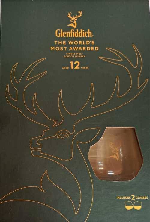 GLENFIDDICH 12 YEAR`S BOXED INCLUDES 2GLASSES NO BOTTLE FOR BAR /MANCAVE DISPLAY PIECE.