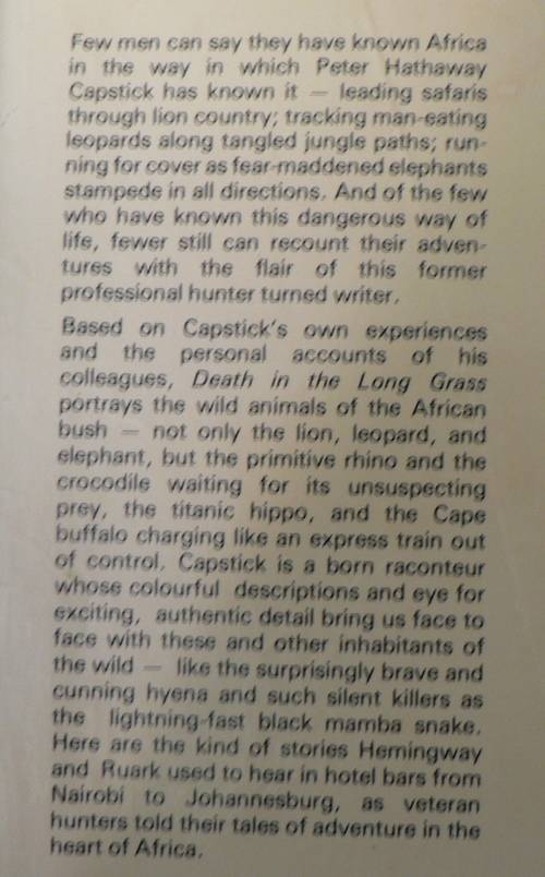 Death in the Long Grass by Peter Hathaway Capstick (African hunting)