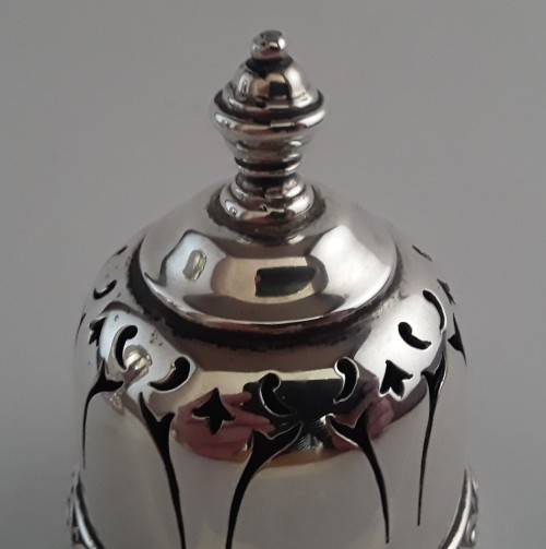 A large Art Deco hallmarked solid sterling silver sugar castor. Mappin and Webb, Birmingham, 1935.