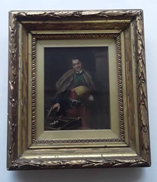 Small Victorian Oil on Board `Caped Man Holding Rooster`. Unsigned. 19 x 17 cm (framed)