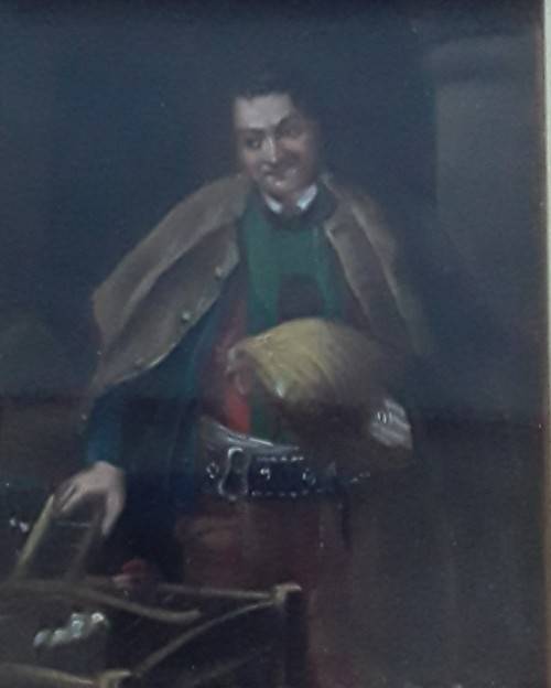 Small Victorian Oil on Board `Caped Man Holding Rooster`. Unsigned. 19 x 17 cm (framed)