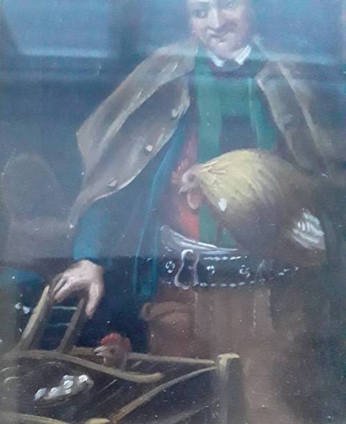 Small Victorian Oil on Board `Caped Man Holding Rooster`. Unsigned. 19 x 17 cm (framed)