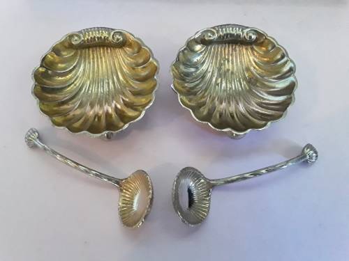 Early Pair of Cased Silver Plate Shell-Shaped Footed Salts and Spoons.