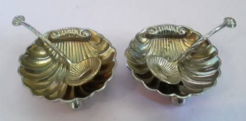 Early Pair of Cased Silver Plate Shell-Shaped Footed Salts and Spoons.