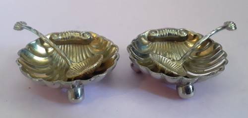 Early Pair of Cased Silver Plate Shell-Shaped Footed Salts and Spoons.