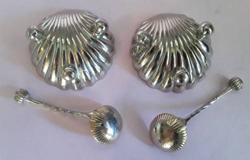 Early Pair of Cased Silver Plate Shell-Shaped Footed Salts and Spoons.