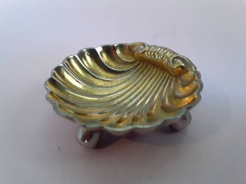 Early Pair of Cased Silver Plate Shell-Shaped Footed Salts and Spoons.