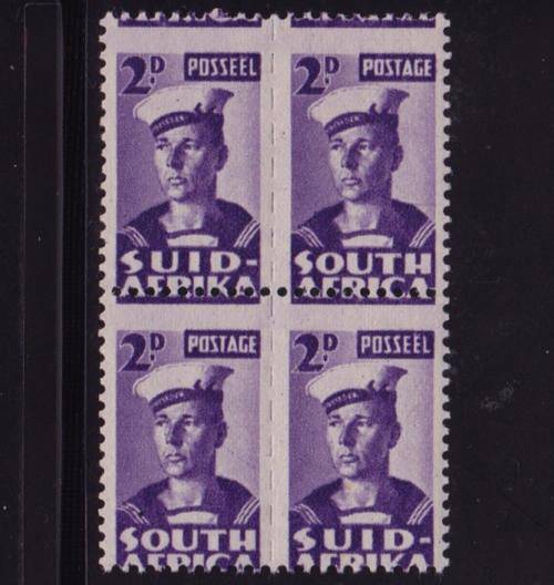 SPECTACULAR PERF SHIFT - SA WAR EFFORT ISSUE - TWO PENNY BLOCK OF FOUR UNMOUNTED MINT