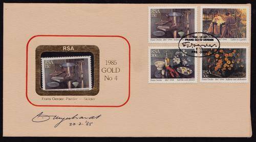 RARE SIGNED RSA GOLD FDC # 4 - #110 OUT OF ONLY 150 ISSUED - SIGNED BY STAMP DESIGNER 22.2.85