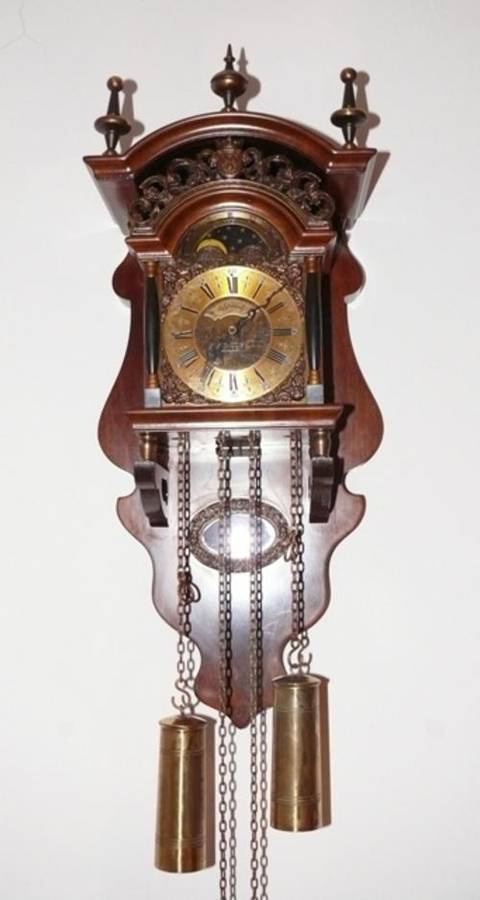 Warmink Dutch pendulum wall clock, beautiful nut wood Sallander 8 day with moon phase.