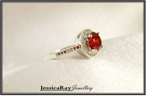 Red Garnet & White Topaz Silver Ring with Multi-Gem Accents - USA SIZE 9