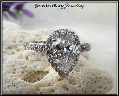 Sterling Silver Pear shaped CZ Engagement Ring, with Accents - USA SIZE 7