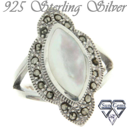 Solid 925 Sterling Silver & Marcazite & MOP ring 6.5#+ 5.97g
