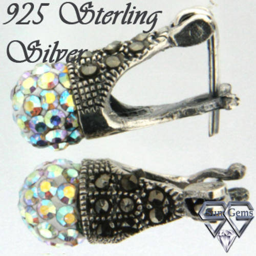 Solid 925 Sterling Silver + Crystal & Marcazite earrings 16mm + 2.37g