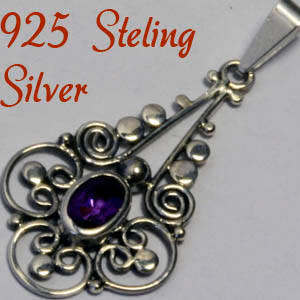 Solid 925 Sterling Silver & Natural Amethyst Pendant 35mm + 1.65g