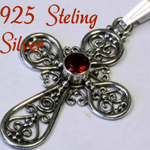 Solid 925 Sterling Silver & Natural  Garnet Pendant 37mm + 1.61g